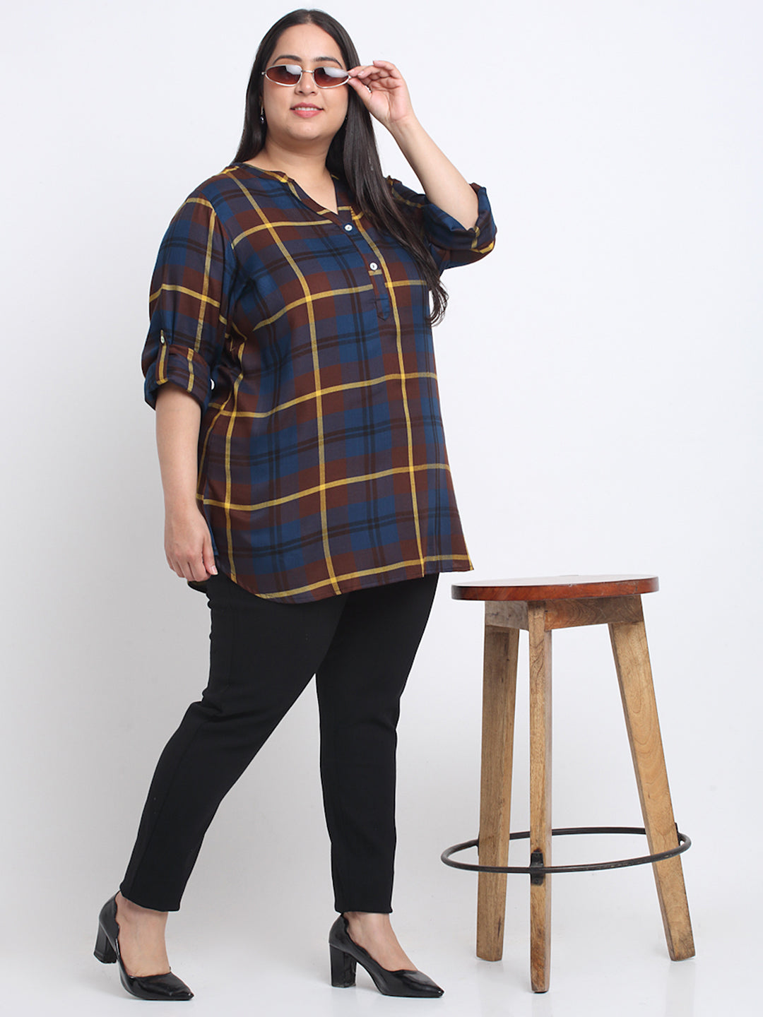 Plus Size Checked Mandarin Collar Roll-Up Sleeves Longline Top