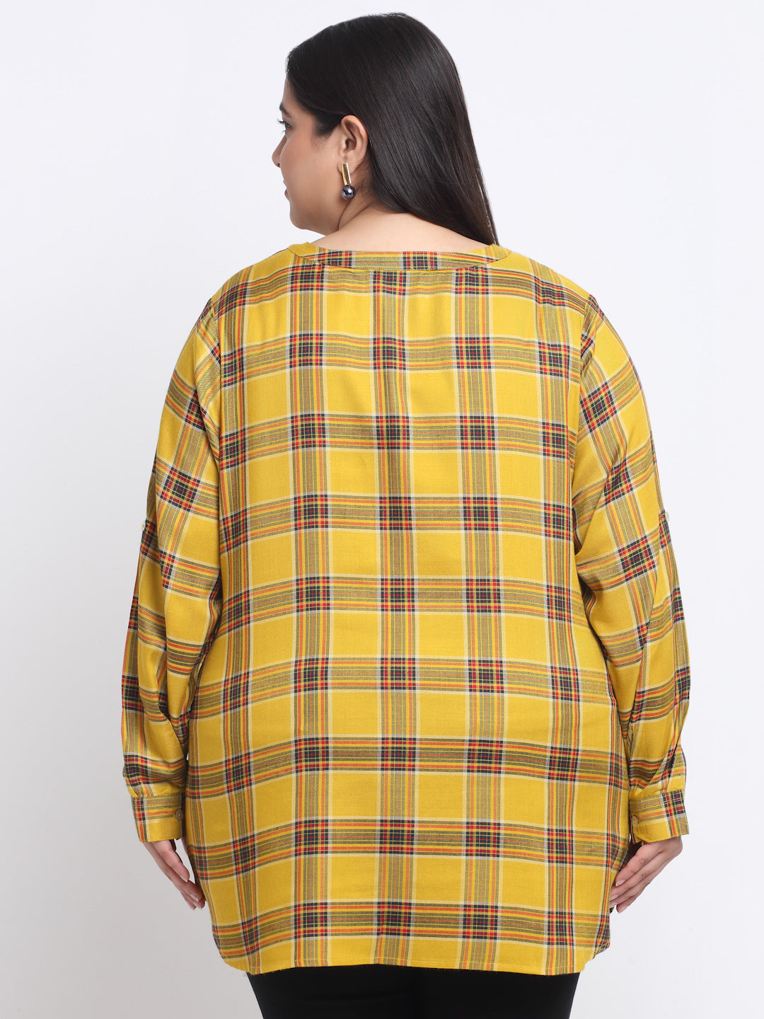 Plus Size Checked Roll-Up Sleeves Top