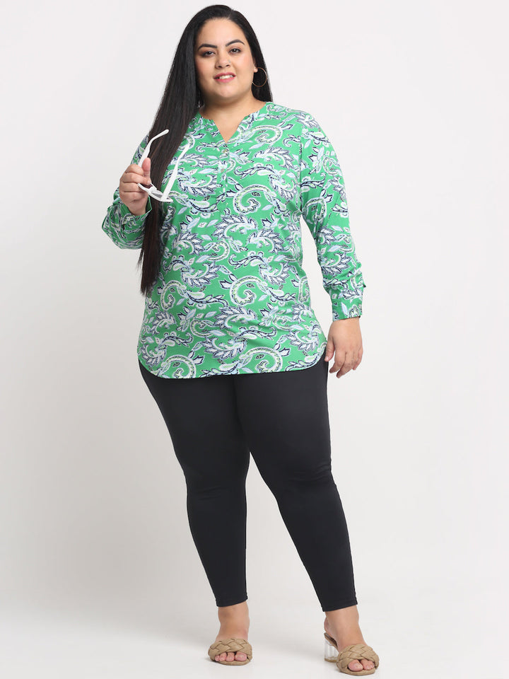 plusS Plus Size Green Floral Print Mandarin Collar Roll-Up Sleeves Top