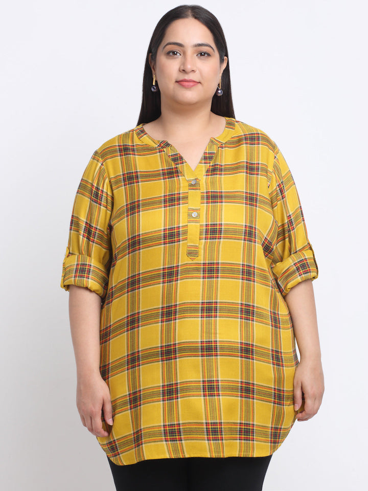 Plus Size Checked Roll-Up Sleeves Top