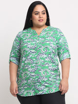 plusS Plus Size Green Floral Print Mandarin Collar Roll-Up Sleeves Top