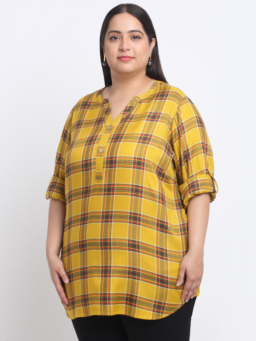 Plus Size Checked Roll-Up Sleeves Top