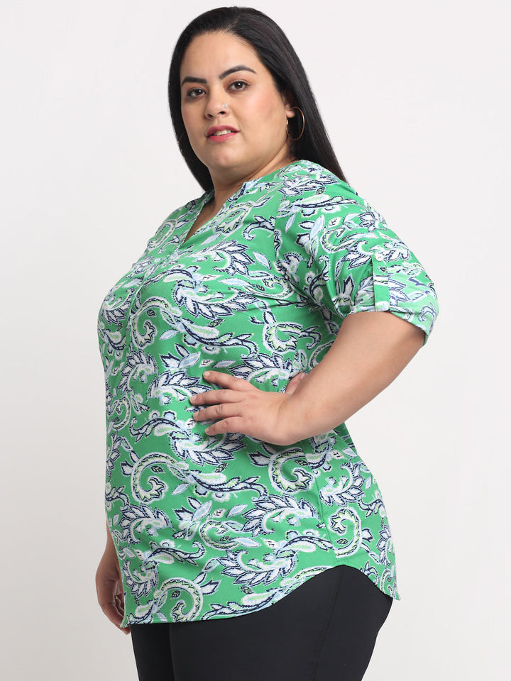 plusS Plus Size Green Floral Print Mandarin Collar Roll-Up Sleeves Top