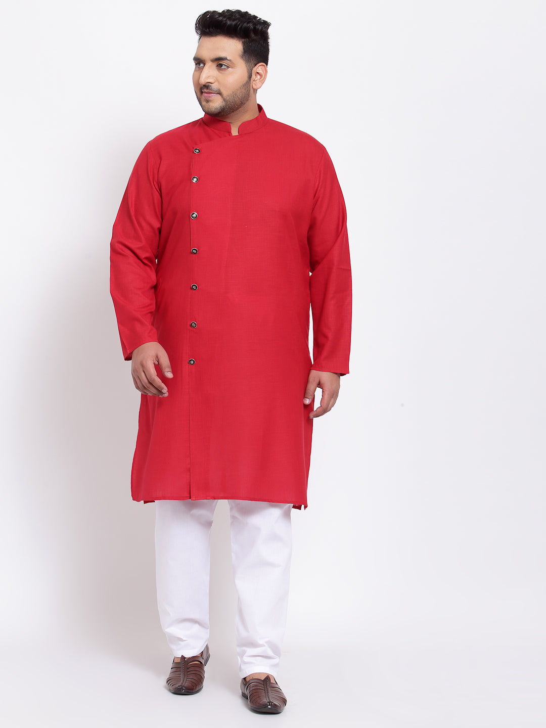 plusS Men Red  White Regular Pure Cotton Kurta with Pyjamas