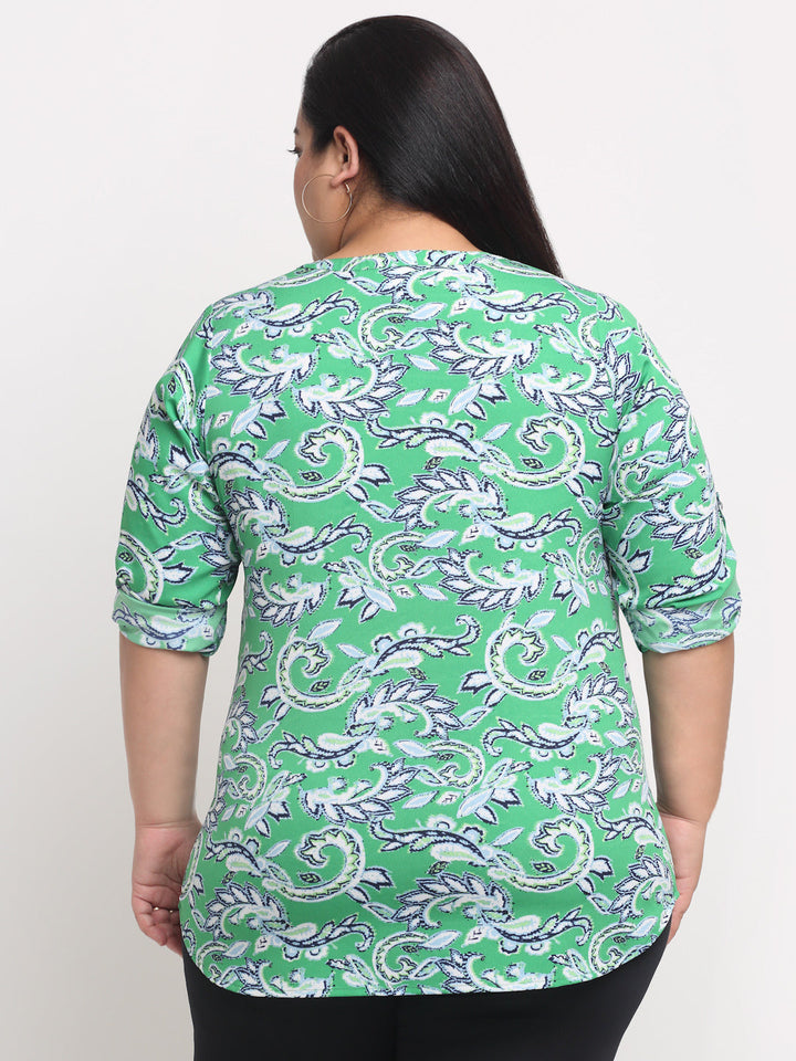 plusS Plus Size Green Floral Print Mandarin Collar Roll-Up Sleeves Top