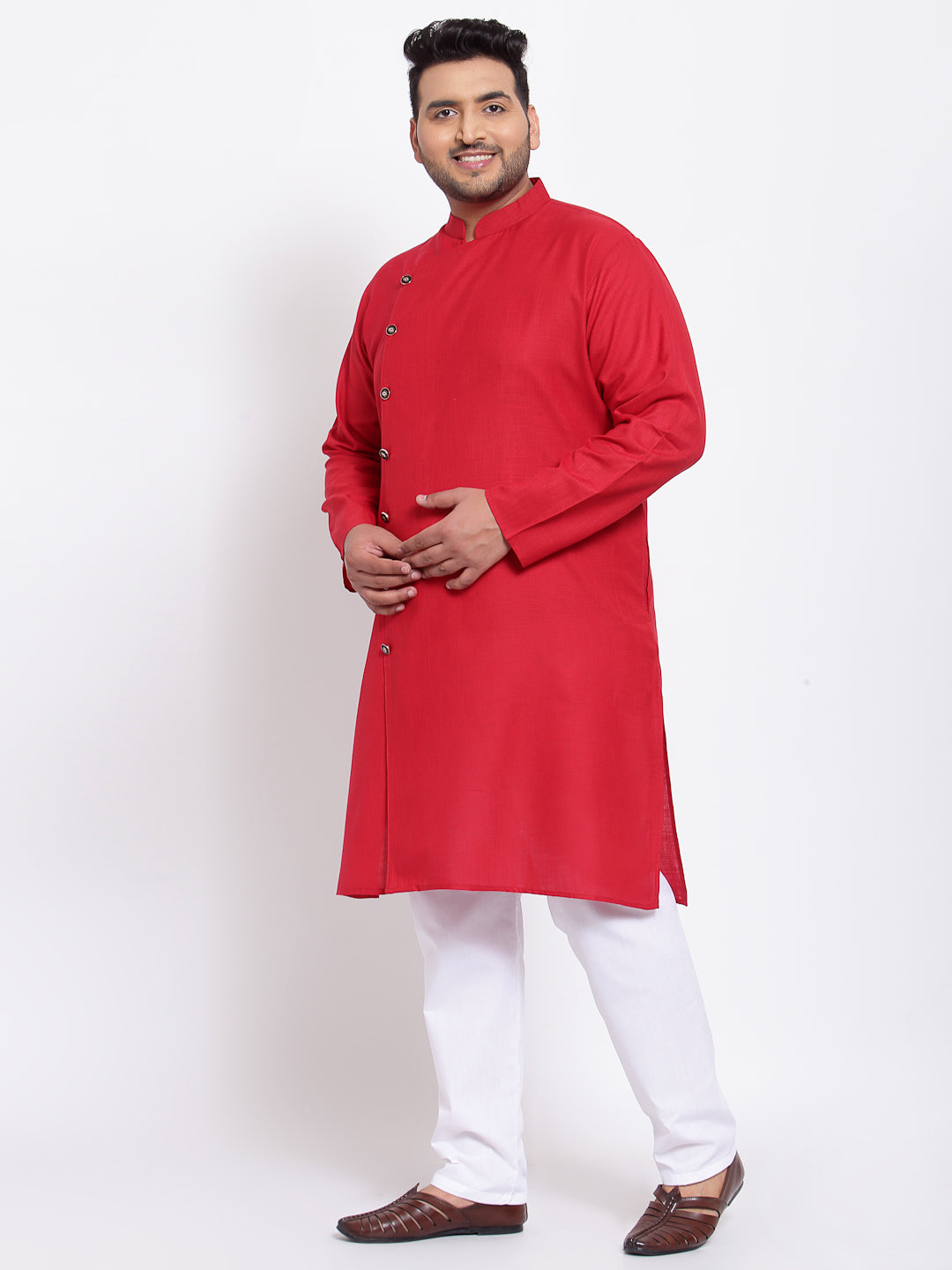 plusS Men Red  White Regular Pure Cotton Kurta with Pyjamas