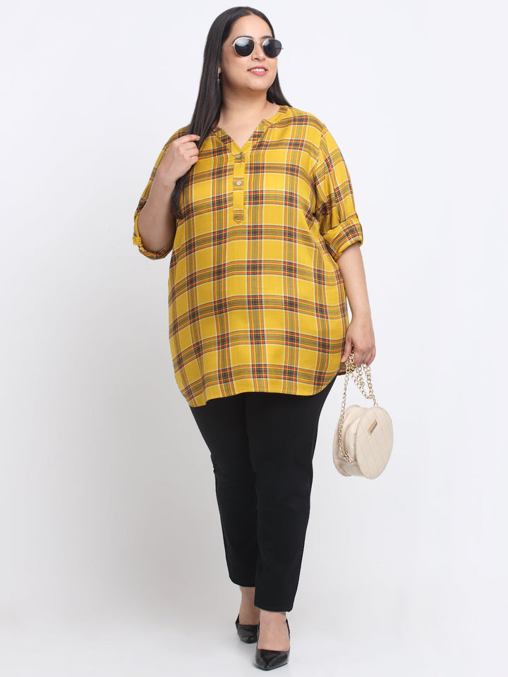 Plus Size Checked Roll-Up Sleeves Top