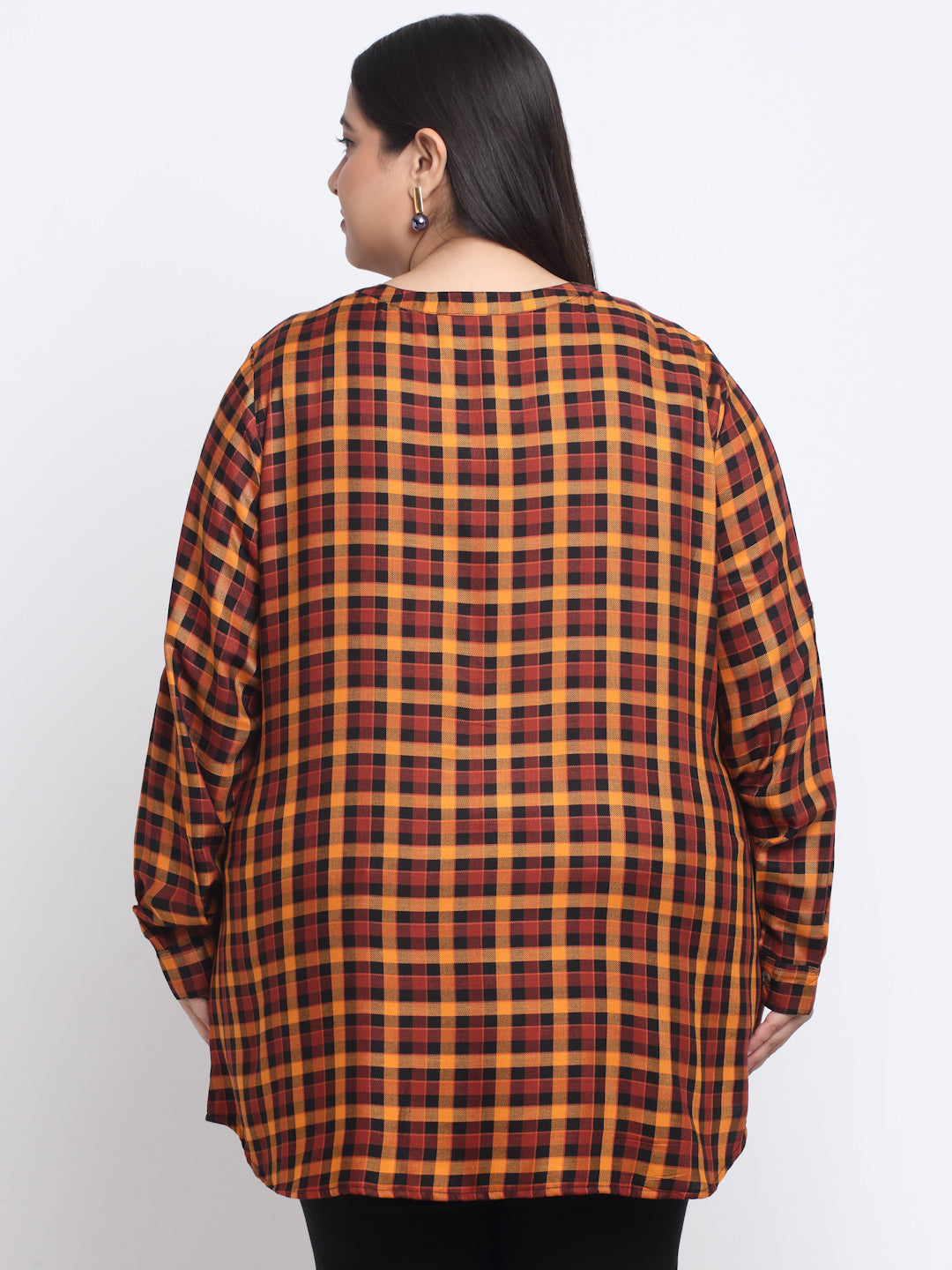 plusS Plus Size Checked Mandarin Collar Roll-Up Sleeves Longline Top