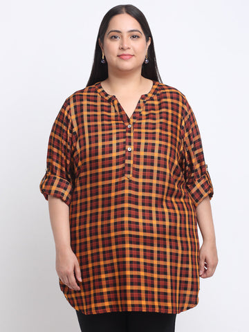 plusS Plus Size Checked Mandarin Collar Roll-Up Sleeves Longline Top