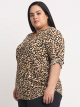 plusS women Plus Size Brown  Black Animal Print Roll-Up Sleeves Top