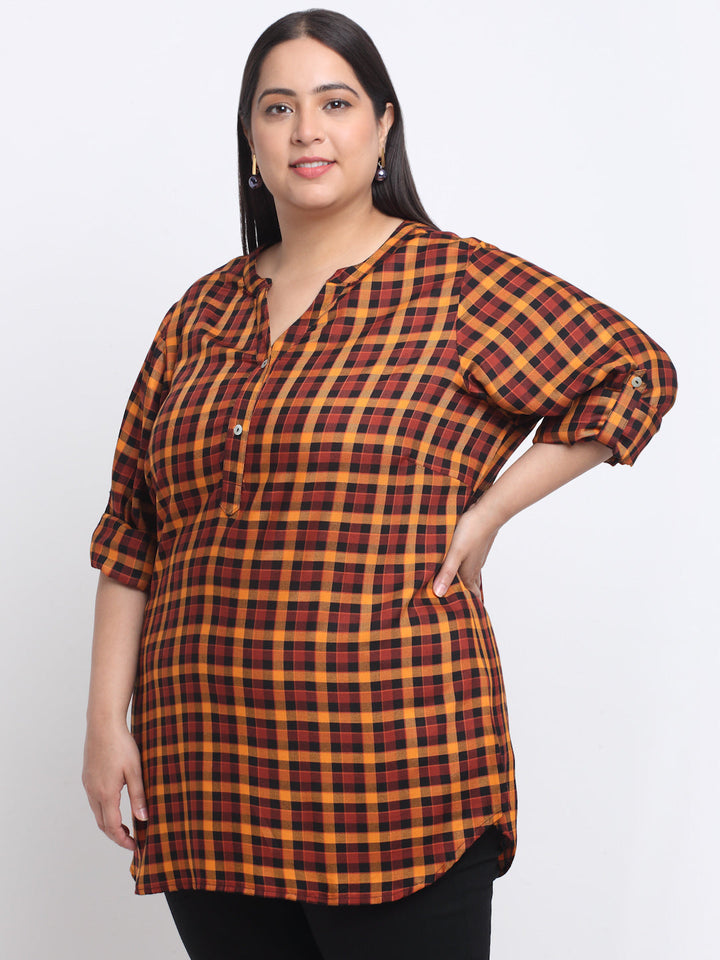 plusS Plus Size Checked Mandarin Collar Roll-Up Sleeves Longline Top