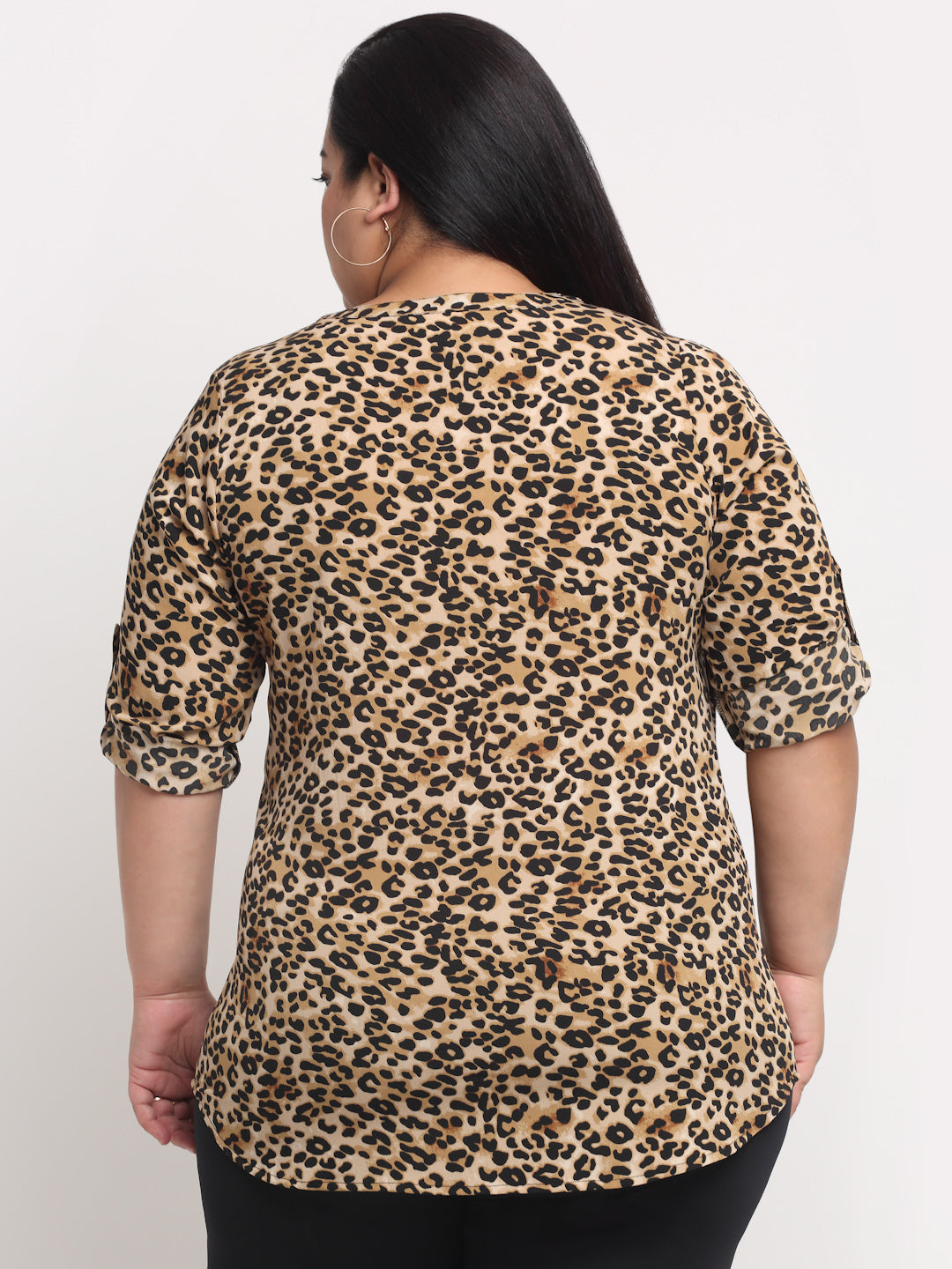 plusS women Plus Size Brown  Black Animal Print Roll-Up Sleeves Top