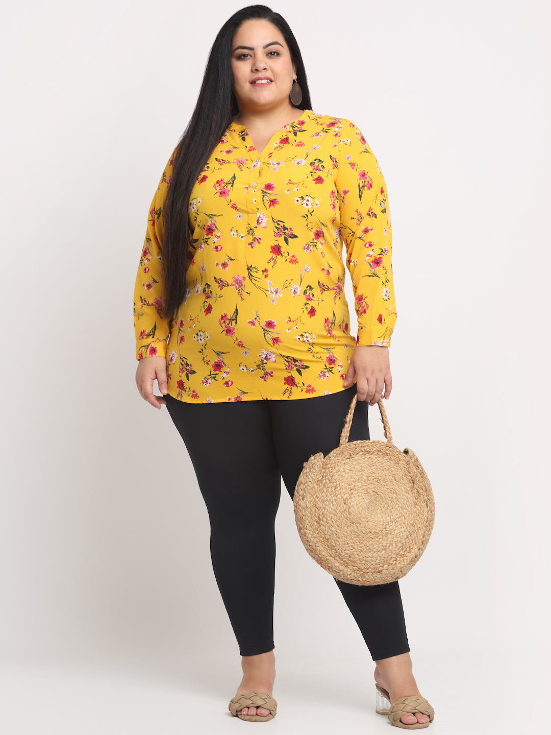 plusS Women Plus Size Mustard Yellow  Pink Floral Print Collar Roll-Up Sleeves Top