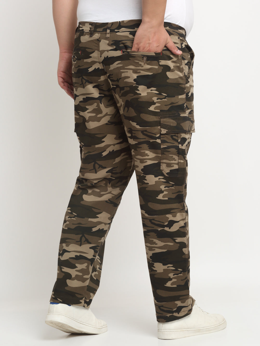 plusS Men Olive Green, Beige and Brown Camouflage Printed Cotton Cargo Trousers