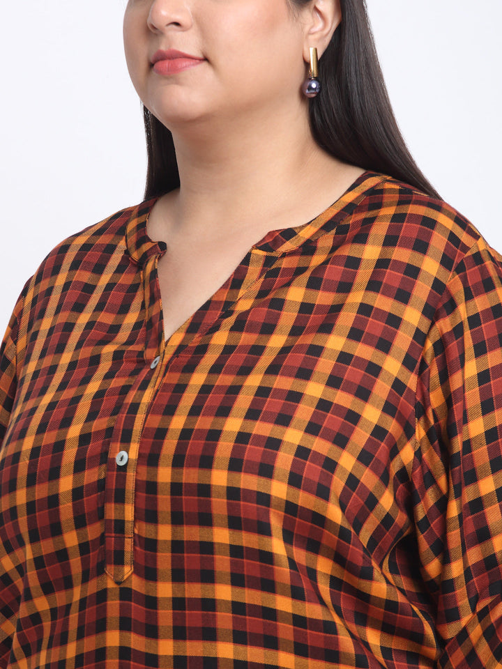 plusS Plus Size Checked Mandarin Collar Roll-Up Sleeves Longline Top