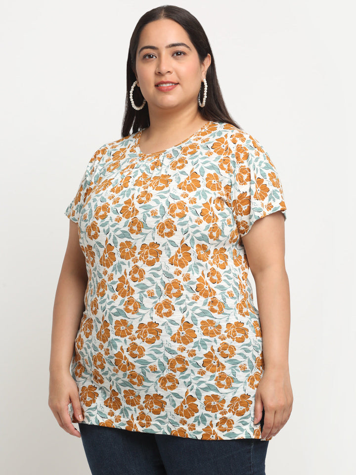 Plus Size Floral Printed Cotton T-shirt