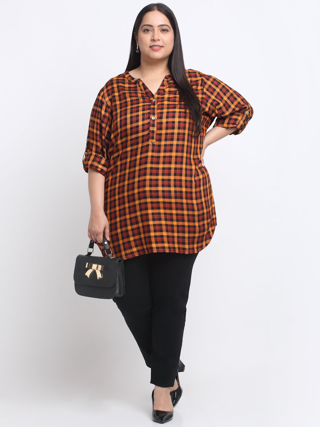 plusS Plus Size Checked Mandarin Collar Roll-Up Sleeves Longline Top