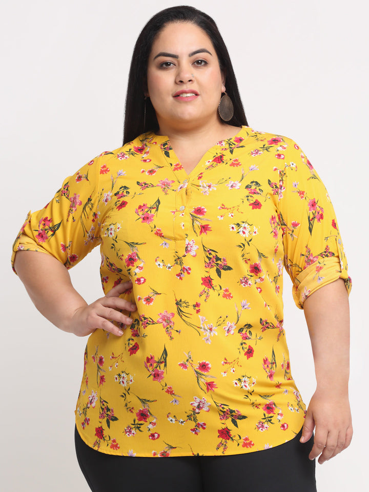 plusS Women Plus Size Mustard Yellow  Pink Floral Print Collar Roll-Up Sleeves Top