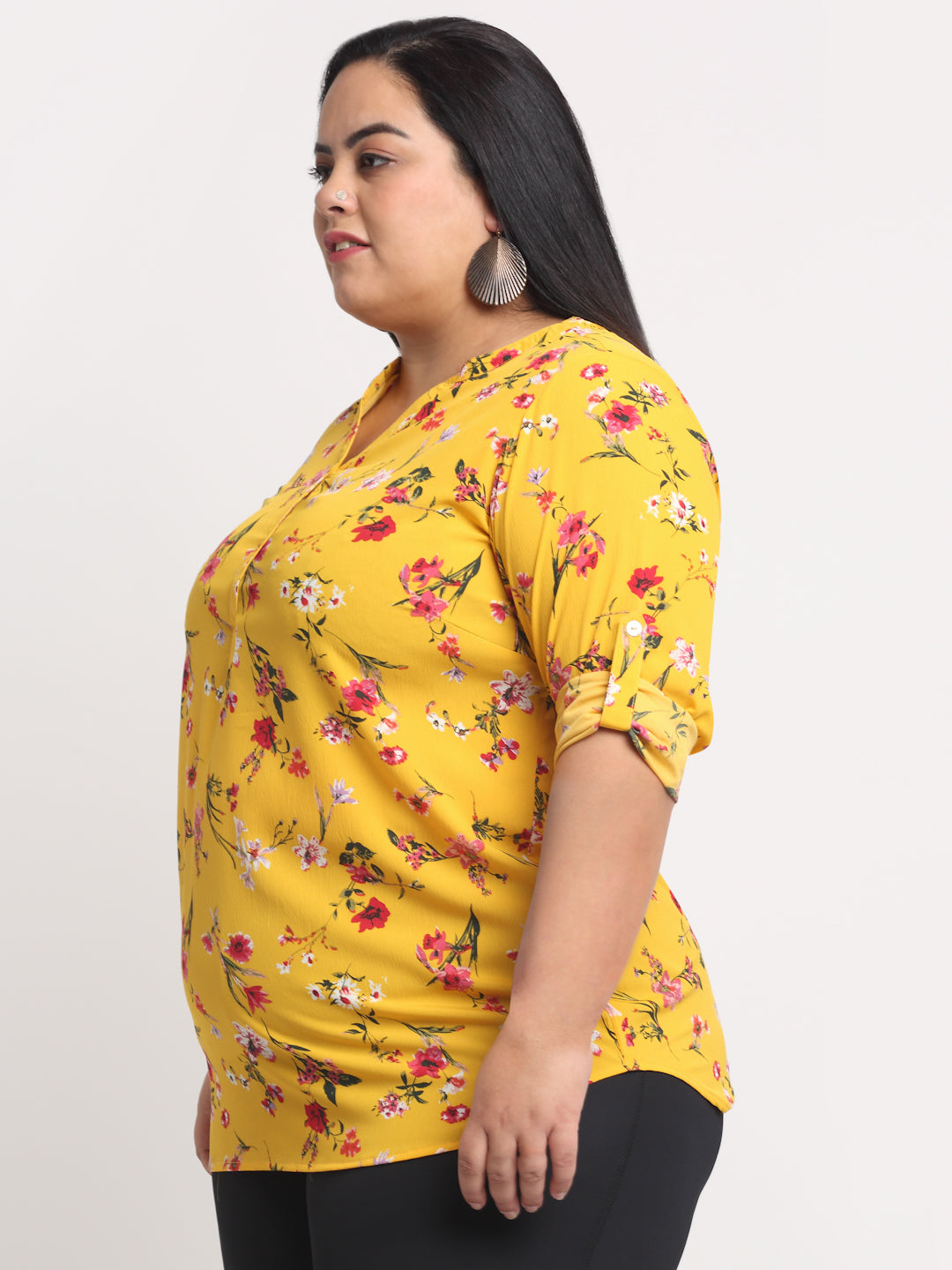 plusS Women Plus Size Mustard Yellow  Pink Floral Print Collar Roll-Up Sleeves Top