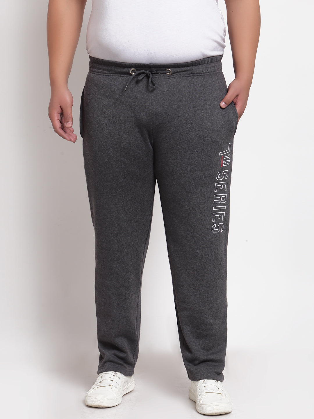 plusS Men Grey Solid Cotton Straight Fit Track Pants