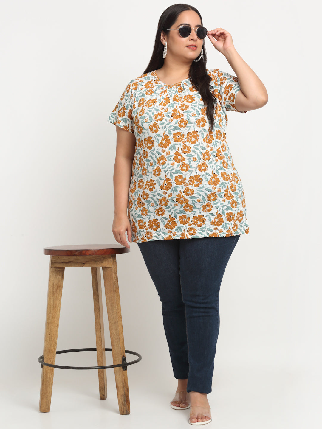 Plus Size Floral Printed Cotton T-shirt