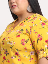 plusS Women Plus Size Mustard Yellow  Pink Floral Print Collar Roll-Up Sleeves Top