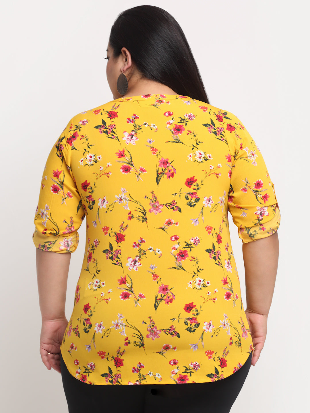 plusS Women Plus Size Mustard Yellow  Pink Floral Print Collar Roll-Up Sleeves Top