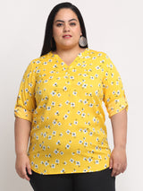 plusS Women Plus size Yellow  White Floral Print Mandarin Collar Roll-Up Sleeves Top