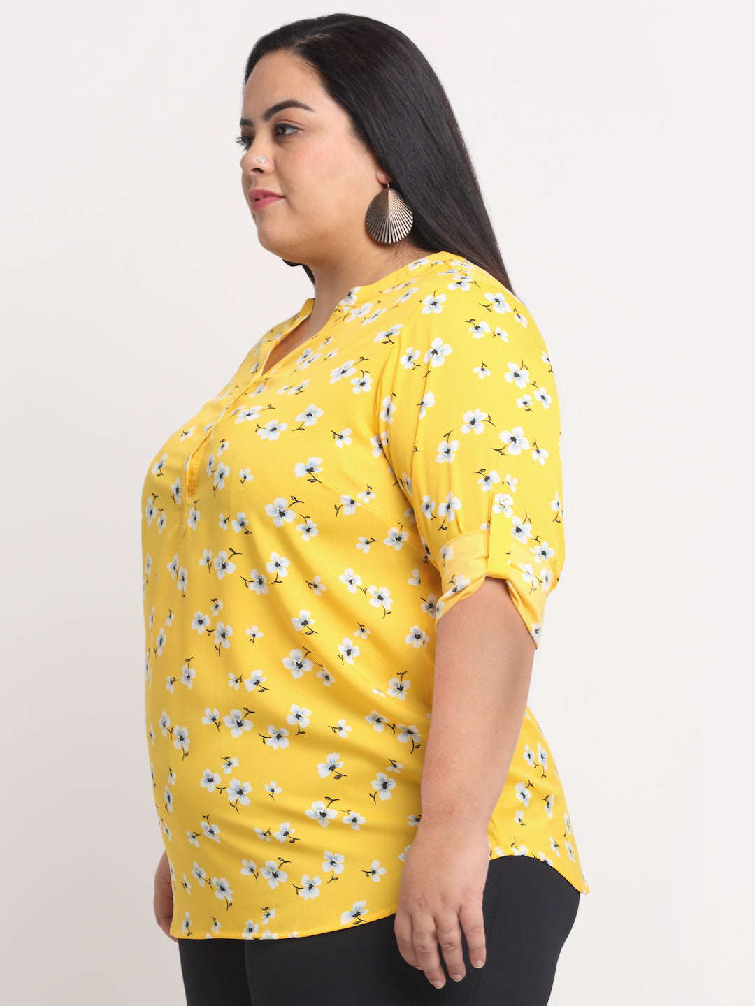 plusS Women Plus size Yellow  White Floral Print Mandarin Collar Roll-Up Sleeves Top