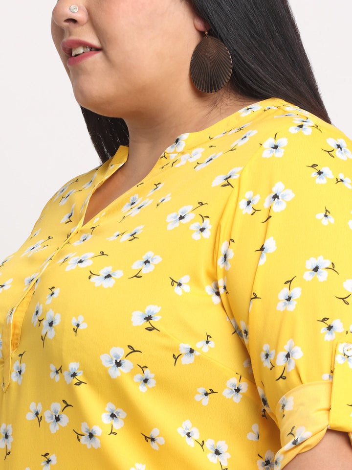 plusS Women Plus size Yellow  White Floral Print Mandarin Collar Roll-Up Sleeves Top