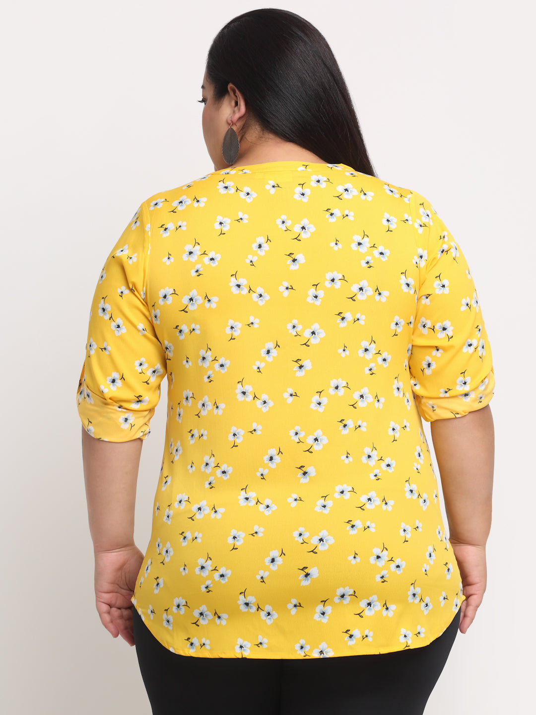 plusS Women Plus size Yellow  White Floral Print Mandarin Collar Roll-Up Sleeves Top