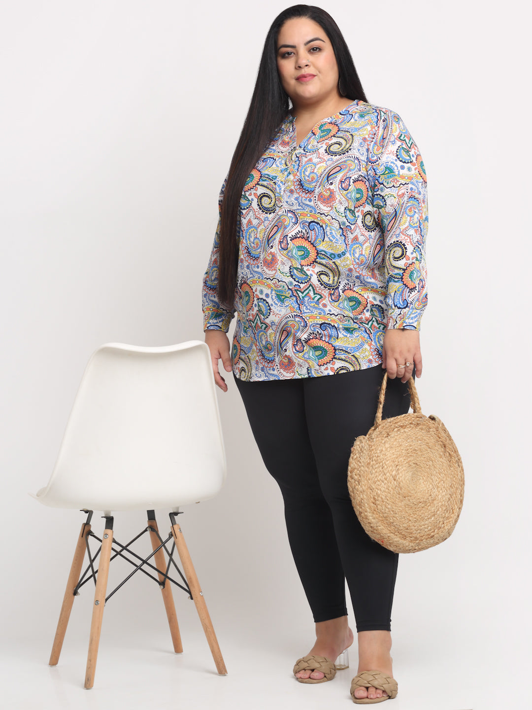 plusS Plus Size Off White  Blue Printed Mandarin Collar Roll-Up Sleeves Top