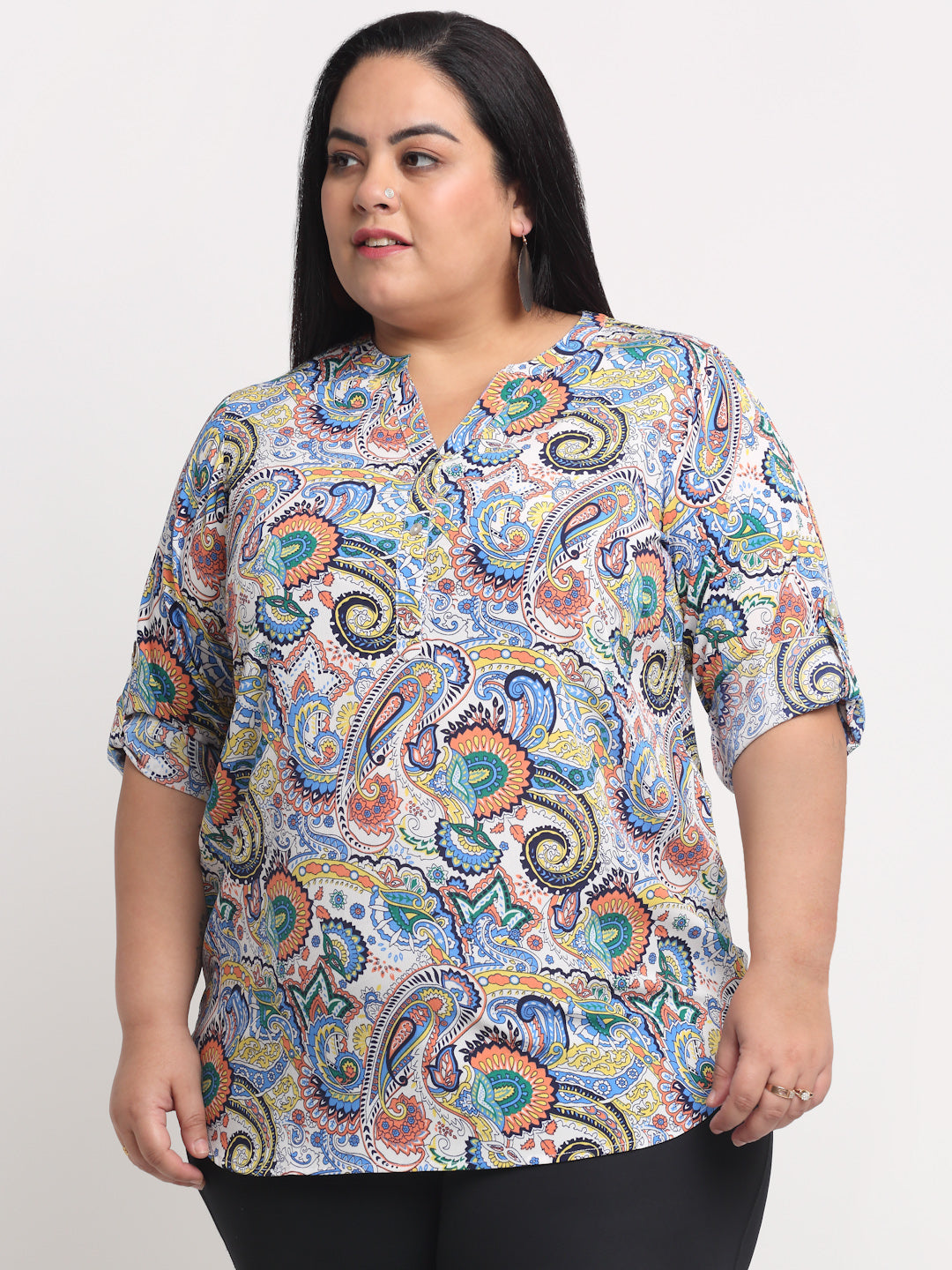 Plus Size  Off White  Blue Printed Mandarin Collar Roll-Up Sleeves Top