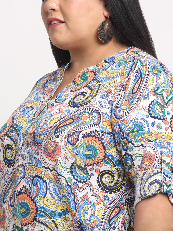 plusS Plus Size Off White  Blue Printed Mandarin Collar Roll-Up Sleeves Top