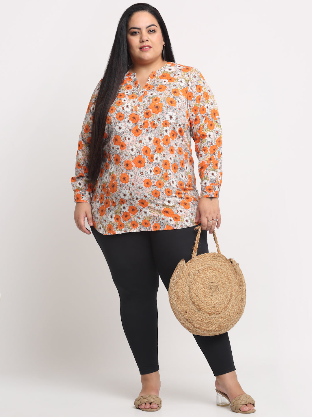 plusS Orange Plus Size Floral Print Mandarin Collar Roll-Up Sleeves Top