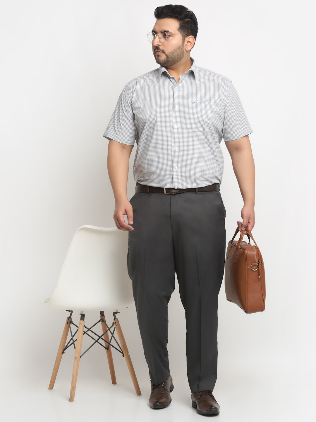 Plus Size  Grey Micro Checked Opaque Formal Shirt