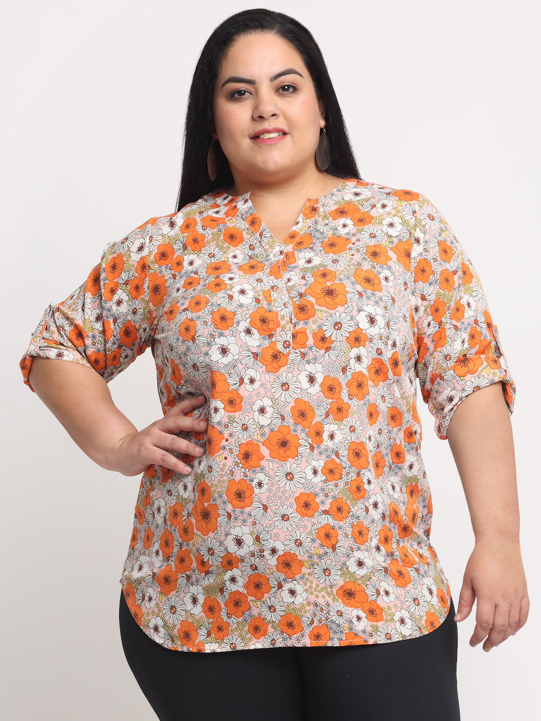 plusS Orange Plus Size Floral Print Mandarin Collar Roll-Up Sleeves Top