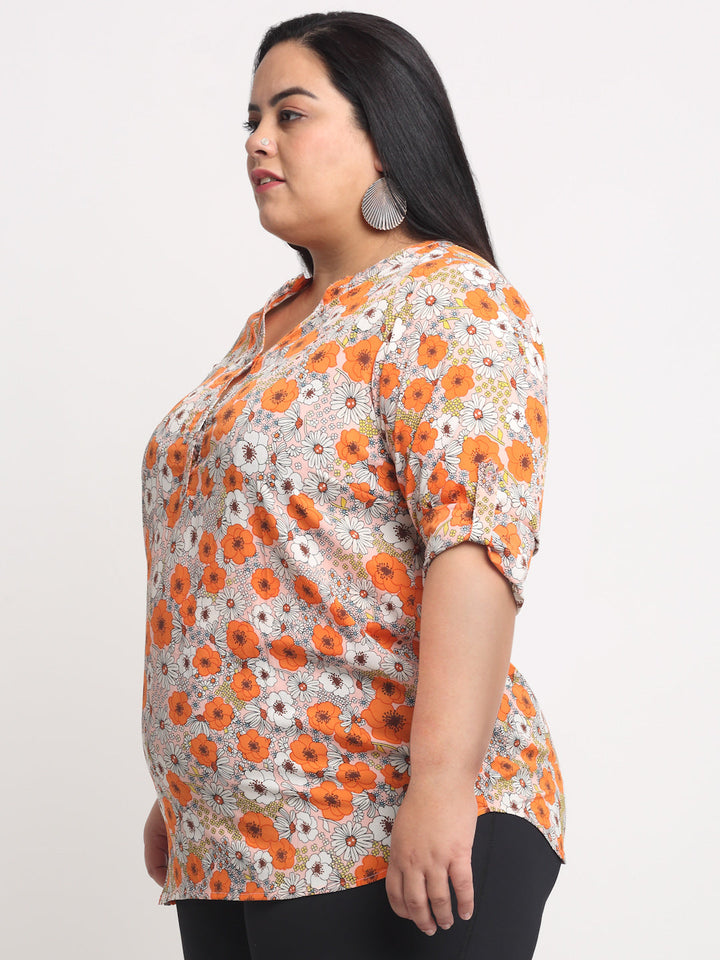 plusS Orange Plus Size Floral Print Mandarin Collar Roll-Up Sleeves Top