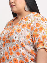plusS Orange Plus Size Floral Print Mandarin Collar Roll-Up Sleeves Top