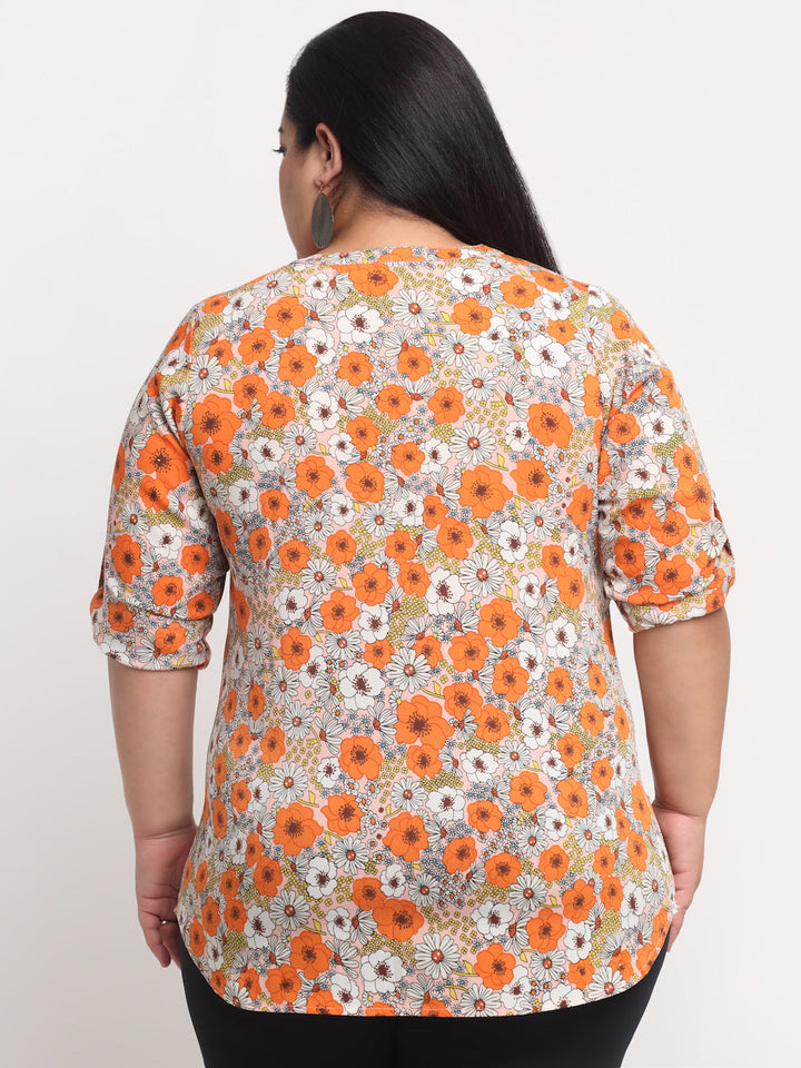 plusS Orange Plus Size Floral Print Mandarin Collar Roll-Up Sleeves Top