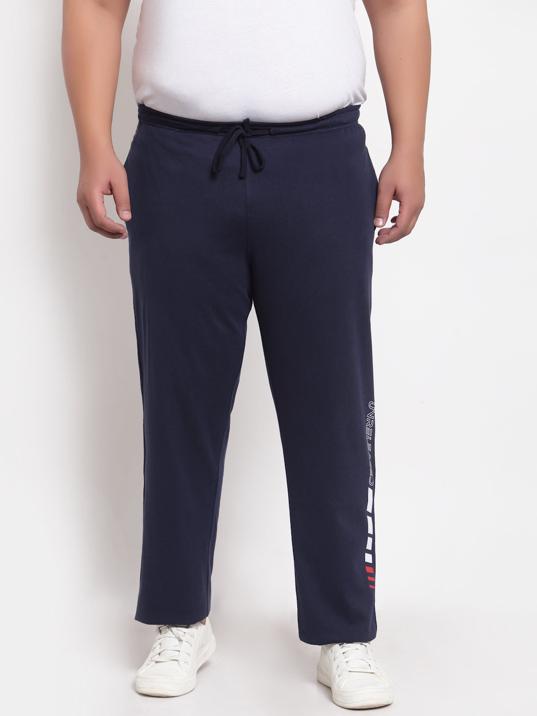 Plus Size Men Navy Blue Solid Straight-Fit Cotton Track Pants