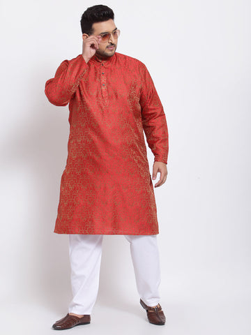 plusS Men Maroon  White Self Design Kurta with Pyjamas