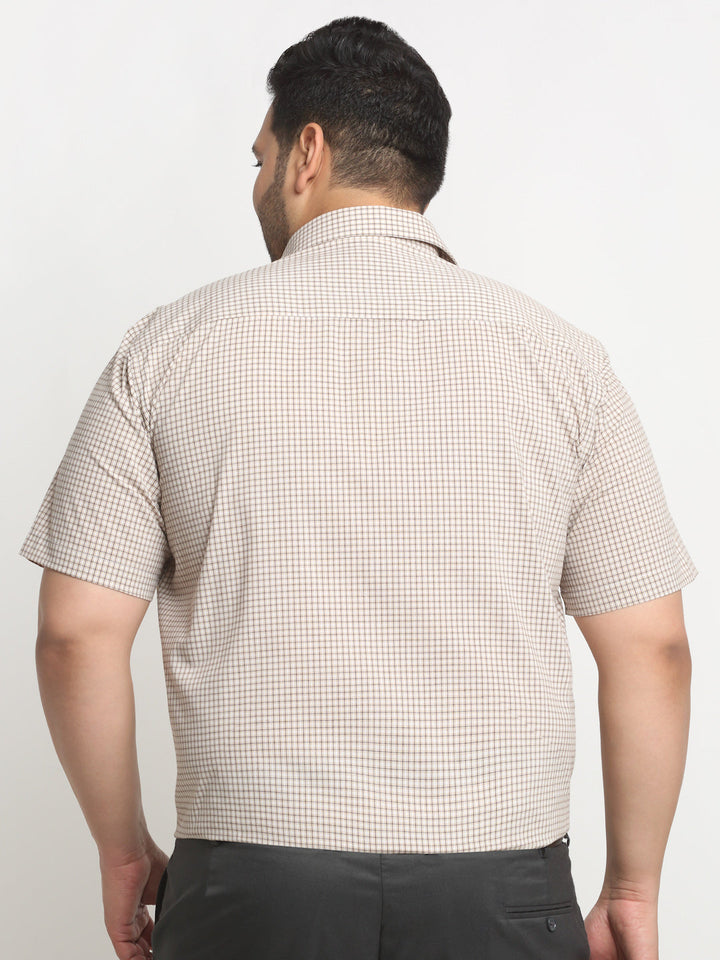 plusS Beige Checked Spread Collar Cotton Formal Shirt