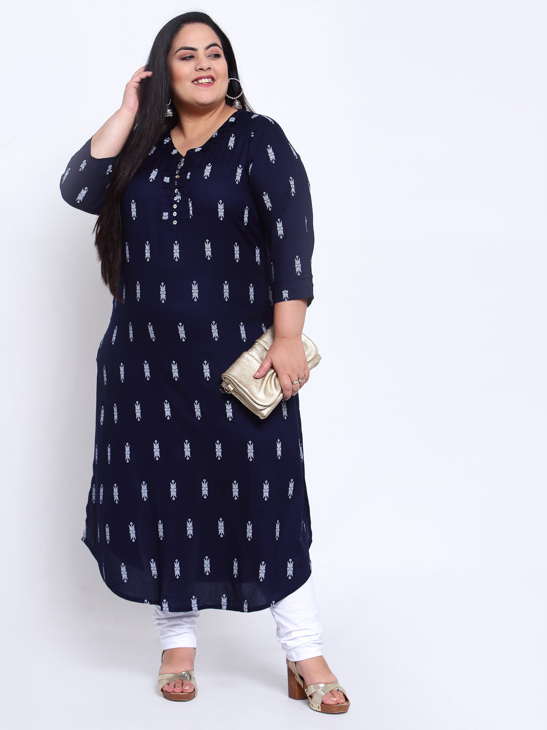 Women Navy Blue Ethnic Motifs Printed Kurta