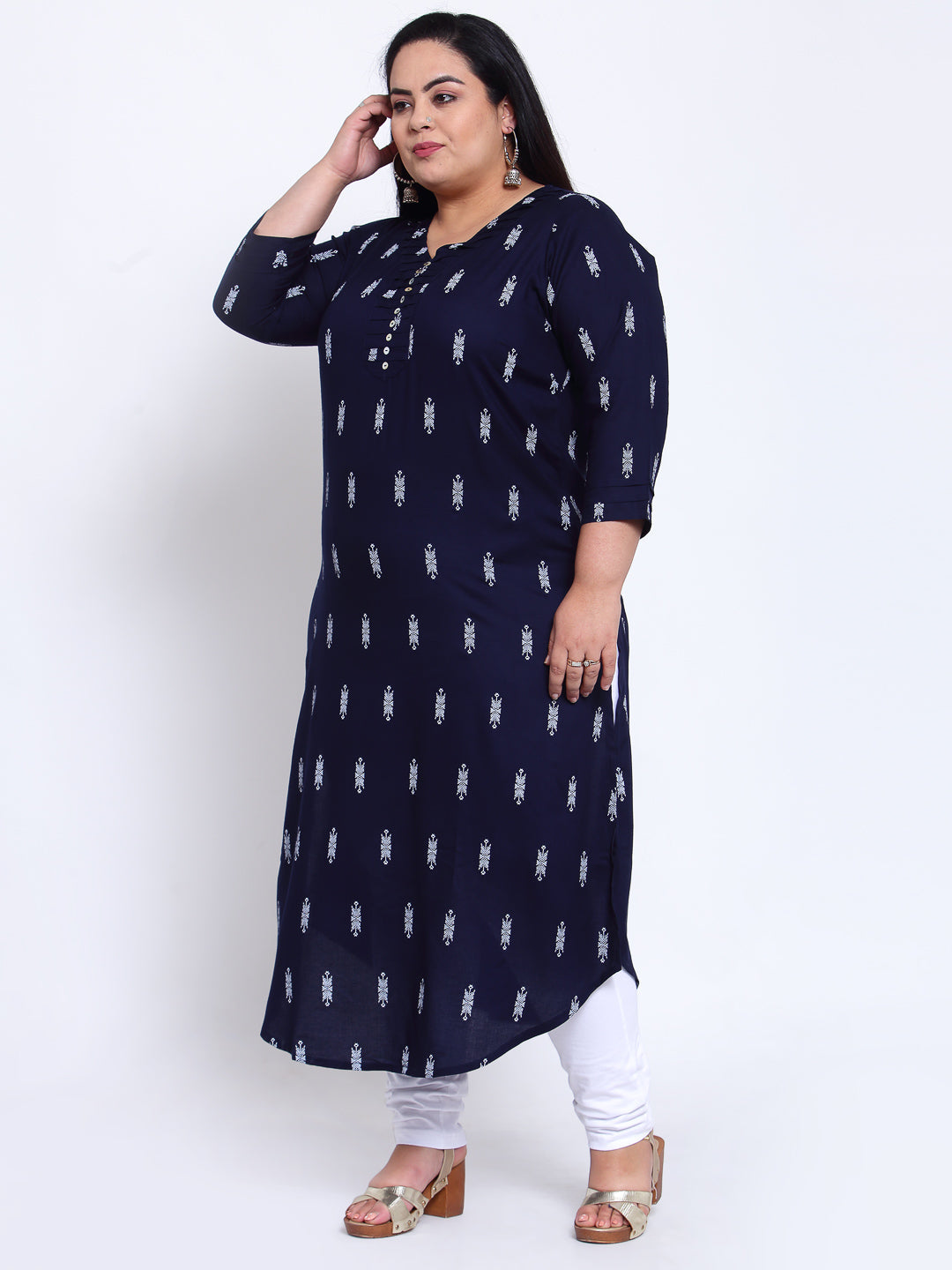 Women Navy Blue Ethnic Motifs Printed Kurta