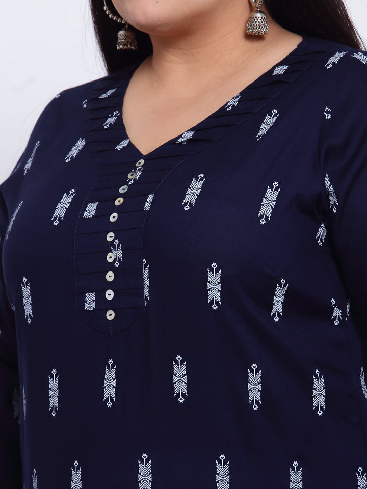 Women Navy Blue Ethnic Motifs Printed Kurta