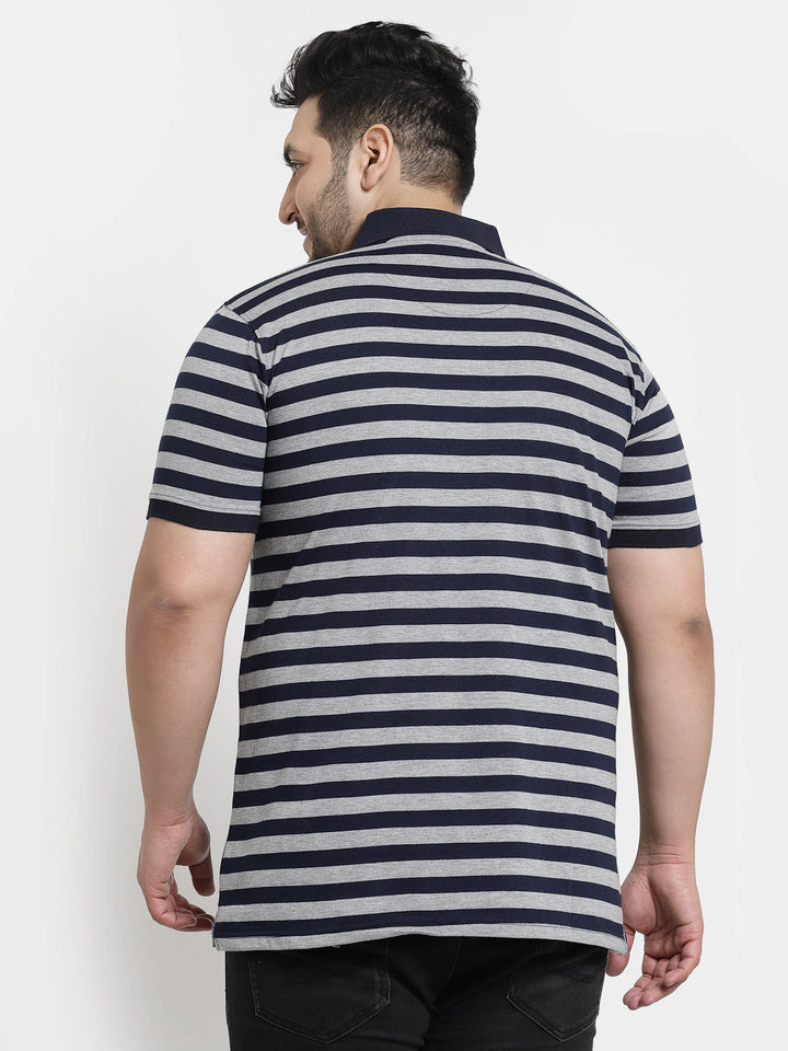 Men Plus Size Navy Blue & Grey Striped Monochrome Cotton T-shirt