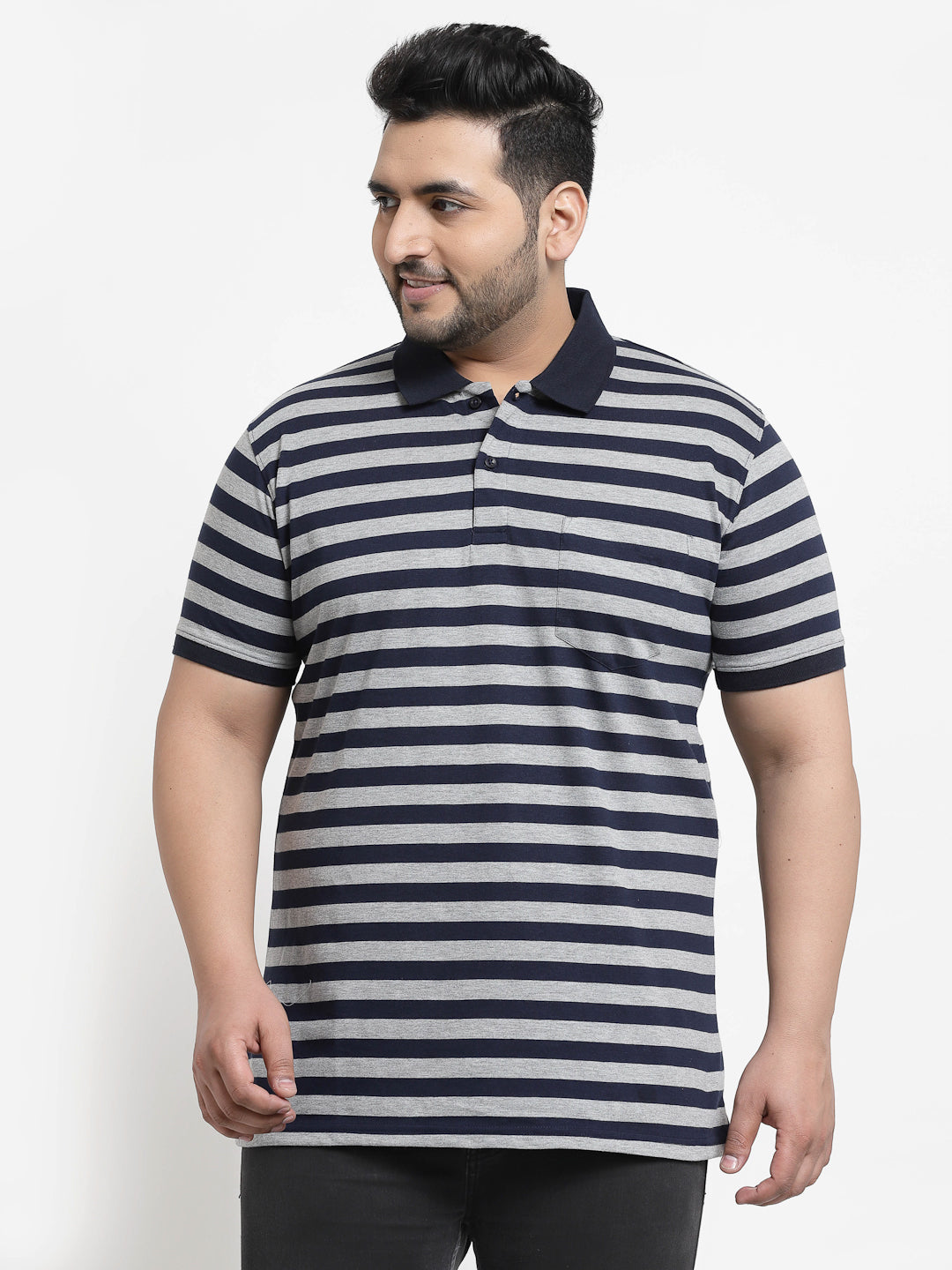 Men Plus Size Navy Blue & Grey Striped Monochrome Cotton T-shirt