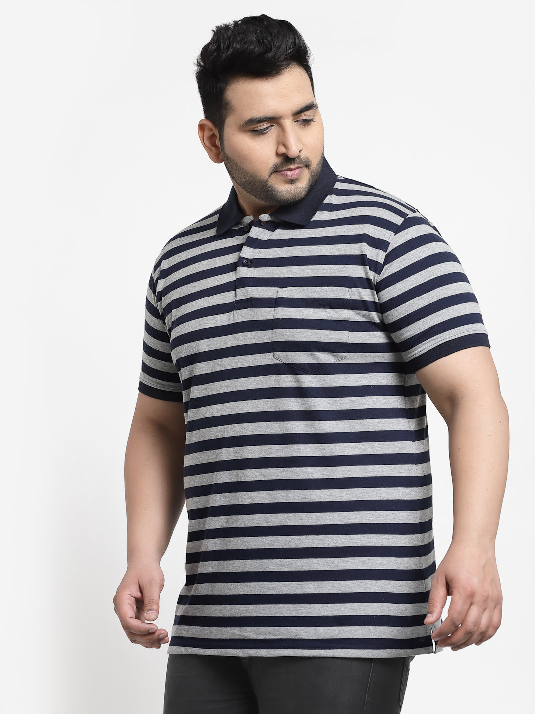 Men Plus Size Navy Blue & Grey Striped Monochrome Cotton T-shirt