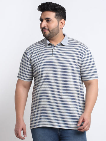 Men Striped Polo Collar Cotton T-shirt